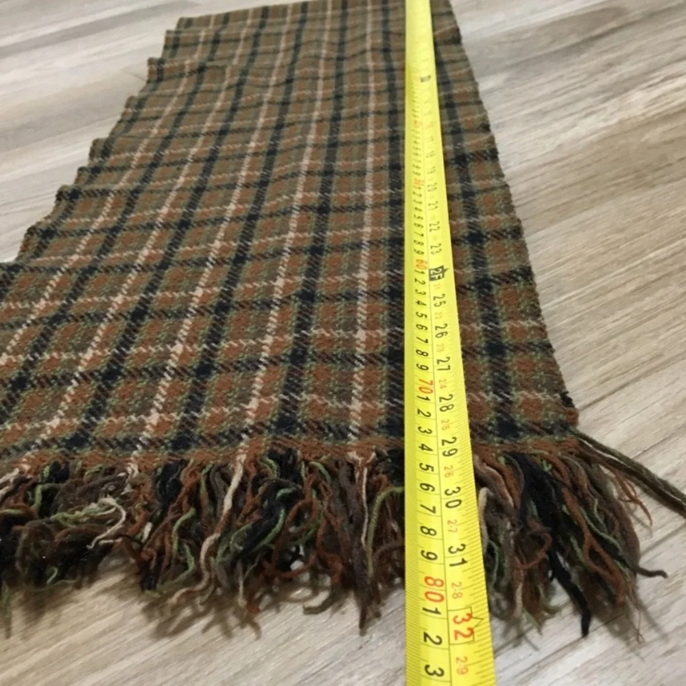 Vintage Plaid Brown Black Green Fringe Scottish Style Scarf Long